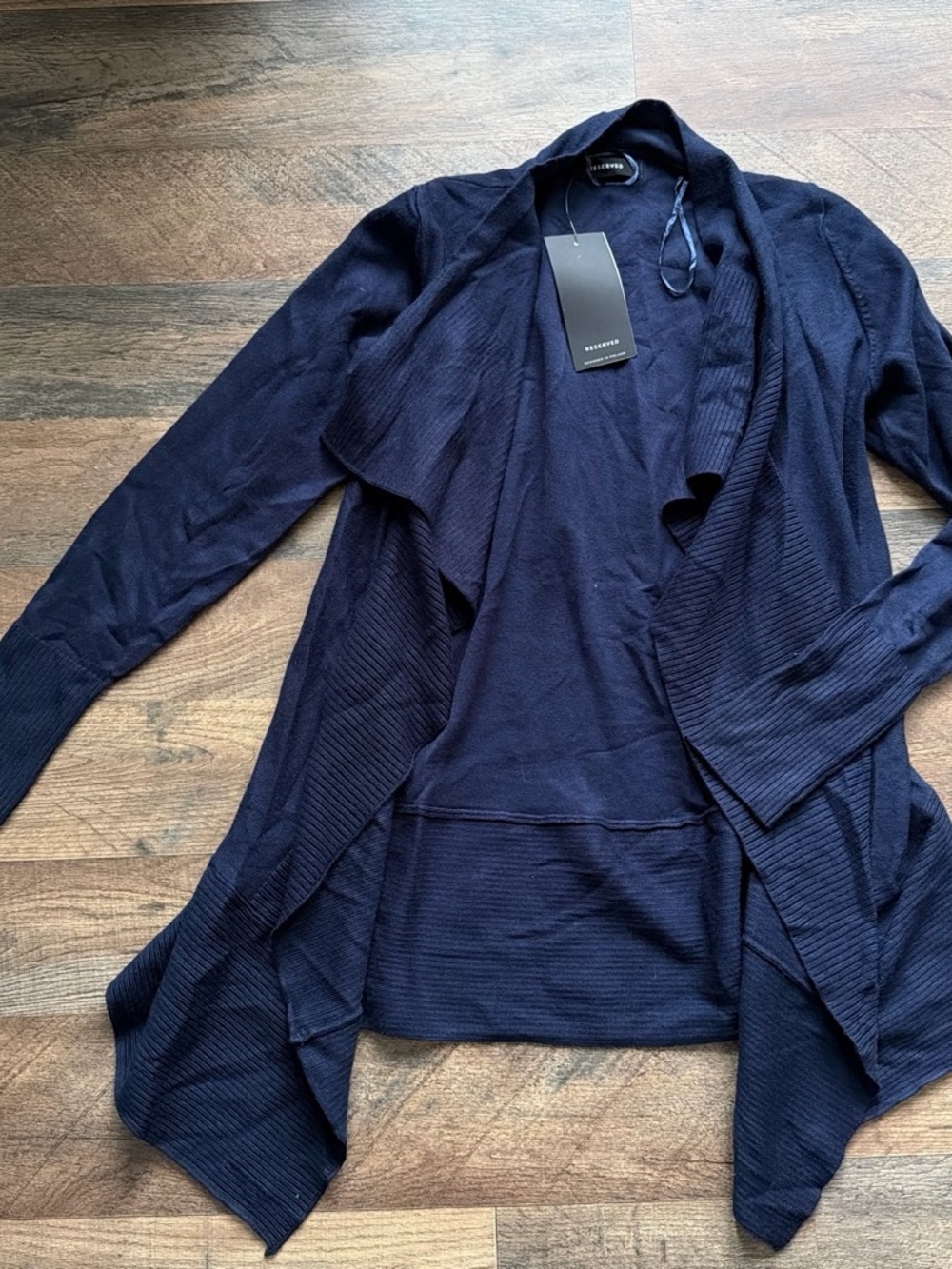 Reserved Navy Draped Open-Front Cardigan Sweater